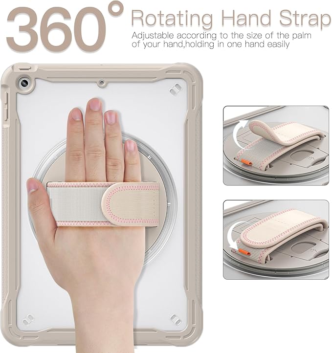 BRAECNstock for iPad 9th/ 8th/ 7th Generation Case 10.2 2021/2020/2019Shockproof Cover with 360° Rotating Hand Strap/StandScreen ProtectorCarrying Shoulder StrapPencil Holder(Khaki)