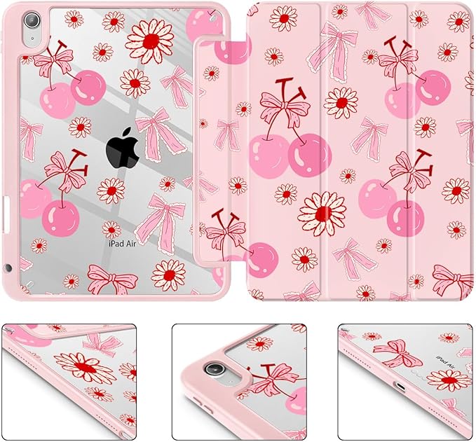 Case for iPad Air 11'' (M4 2026/M3 2025/M2 2024)/ iPad Air 10.9'' Air 5th /4th Gen Shockproof Cover with Clear Back Shell &amp Penceil Holder Auto Wake/Sleep Stand Cover Cherry Bow P705