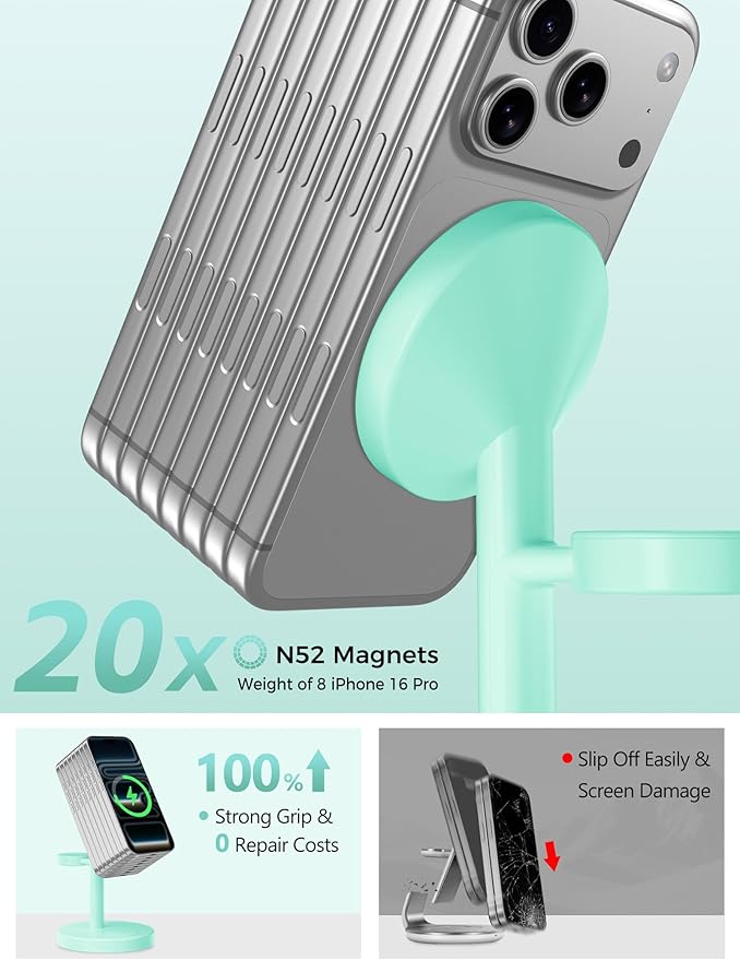 2026 3 in 1 Wireless Charging Station Compatible with MagSafe 15W Fast Magnetic Mag-Safe Charger Stand for Apple iPhone 17 16 15 14 13 12 iWatch AirPods Pro 4 3 2 LightGreen