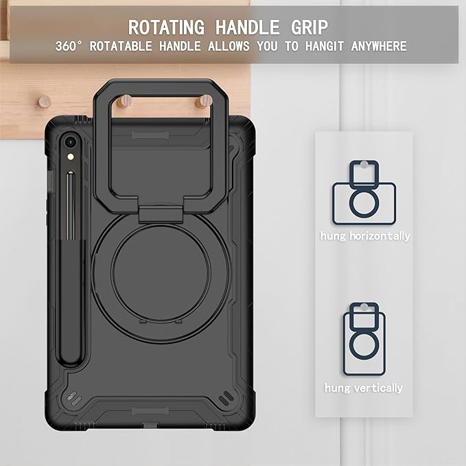 Case for Galaxy Tab S9 FE+/Tab S9+ 12.4 inch Rugged Armor Heavy Duty Hybrid Cover with Adjustable Stand and Handle for Tab S9 Plus 12.4 with Shoulder Strap and S Pen Holder (Black/Black)