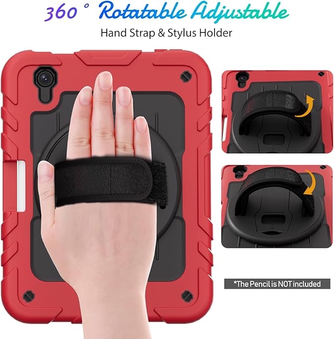 for iPad mini 7 A17 Pro/iPad mini 6 8.3 Inch Case iPad mini 7th/6th Generation Case (2024/2021) with Pencil Holder/Kickstand Hand Strap/Shoulder StrapRed+Black