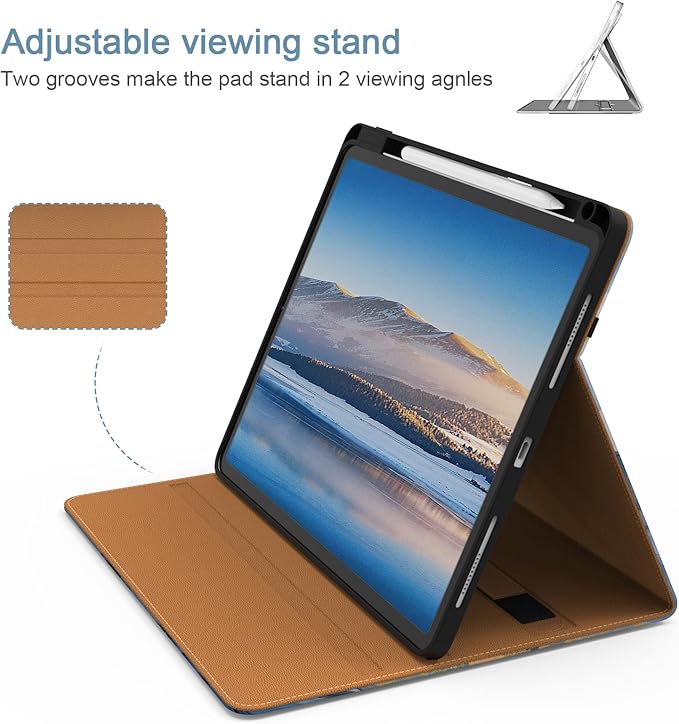 Case for iPad Pro 12.9 6th/5th/4th/3rd Generation 2022/2021/2020/2018 PU Leather 12.9 Cover with Pencil Holder/Multi-Angle Stand/PocketMarble Blue