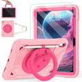 for iPad (A16) 11th Generation 11 Inch 2025/iPad 10th Generation 10.9 Inch 2022 Case with Screen Protector 360°Rotating StandPencil Holder Shoulder Strap Cover A16 iPad Case KidsPink