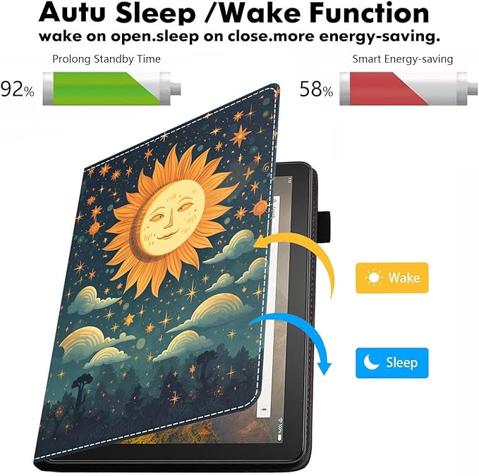 Case for All-New Amazon Kindle Fire HD 10 &amp 10 Plus Tablet 10.1 (13th/11th Generation 2023/2021 Release) PU Leather Folio Case with Smart Auto Wake/Sleep Celestial Theme Sun and Stars