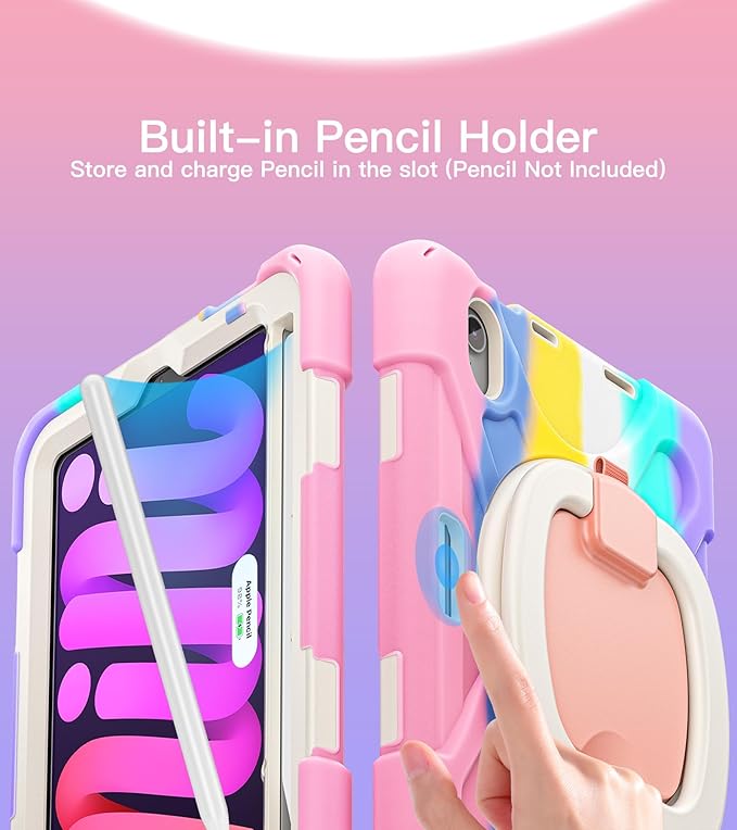 BATYUE Case for iPad Mini 7 A17 Pro 2024/iPad Mini 6 2021 8.3 Inch with Pencil Holder 360 Rotating Stand Shoulder Strap Handle Grip Shockproof Rugged Case for iPad Mini 7th/6th Gen Colourful Pink