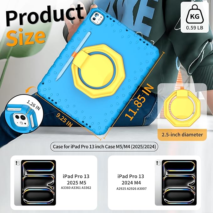 for iPad Pro 13 inch Case 2025 M5 / 2024 M4 with 360° Rotating Kickstand Rugged EVA Foam Shockproof Drop Proof Protective iPad 13 Pro Case for Home &amp School Use Blue