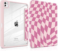 TWOLSKOO Case for iPad Pro 11-inch (M5 2025 / M4 2024) Clear Acrylic Back with TPU Bumper Pencil Holder Trifold Stand Auto Sleep/Wake Pink Wavy Checker