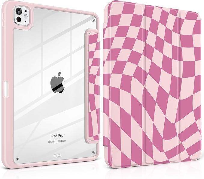 TWOLSKOO Case for iPad Pro 11-inch (M5 2025 / M4 2024) Clear Acrylic Back with TPU Bumper Pencil Holder Trifold Stand Auto Sleep/Wake Pink Wavy Checker