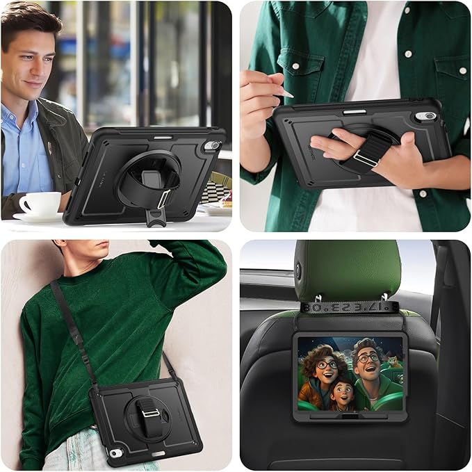 SEYMAC for iPad Air 11 Inch Case M4 / M3 / M2 (2026/2025 / 2024) Full-Body Shockproof Protective Case with Screen Protector Rotating Stand Hand/Shoulder Strap Black