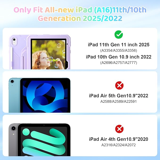 Case for iPad (A16) 2025 11th Gen 10.9'' iPad 10th Generation 2022 10.9'' with Tempered Glass Screen Protector Rugged Kid Case with Shoulder Strap/Pencil Holder/Folding Stand (Light Purple)
