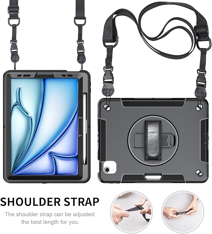 Junfire Protective Case for iPad Air 11-inch M4/M3/M2 (2026/2025/2024) Shockproof Rugged iPad Air 11 Case with 360°Rotating Kickstand/Hand Strap/Shoulder Strap/Stylus Holder-Black