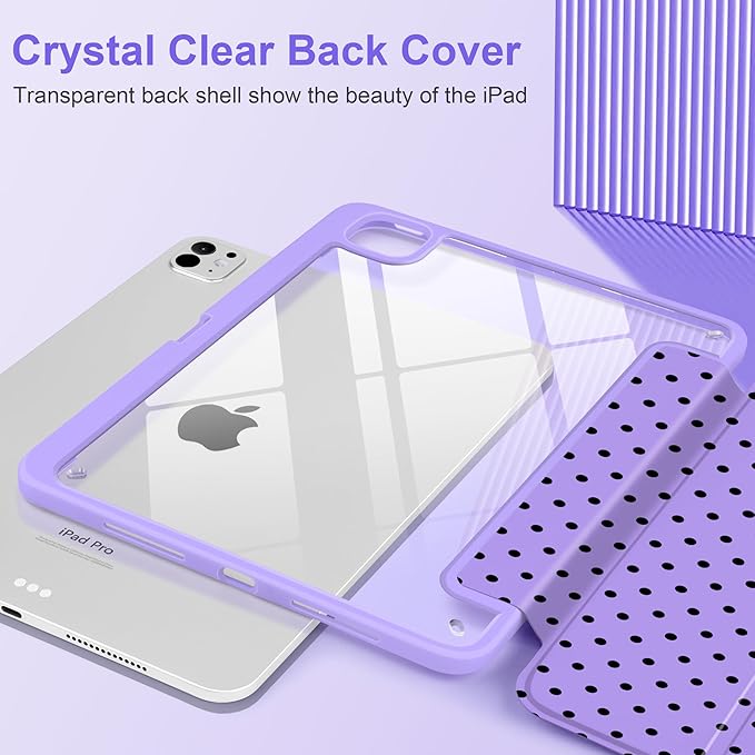 Case for iPad Pro 11 Inch (M5 2025 M4 2024) – [Built-in Pencil Holder] Shockproof &amp Stylish Clear Hard Back + Soft TPU Edge Magnetic Trifold Stand Auto Wake/Sleep Purple Polka dot