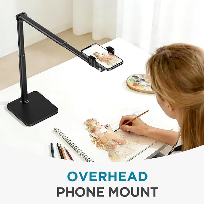 InnoGear Overhead Phone Mount Heavy Duty Aluminum Phone Stand Tabletop Cooking Tripod for Desk Flexible Cell Phone Holder for Live Streaming Meeting Cooking Recording