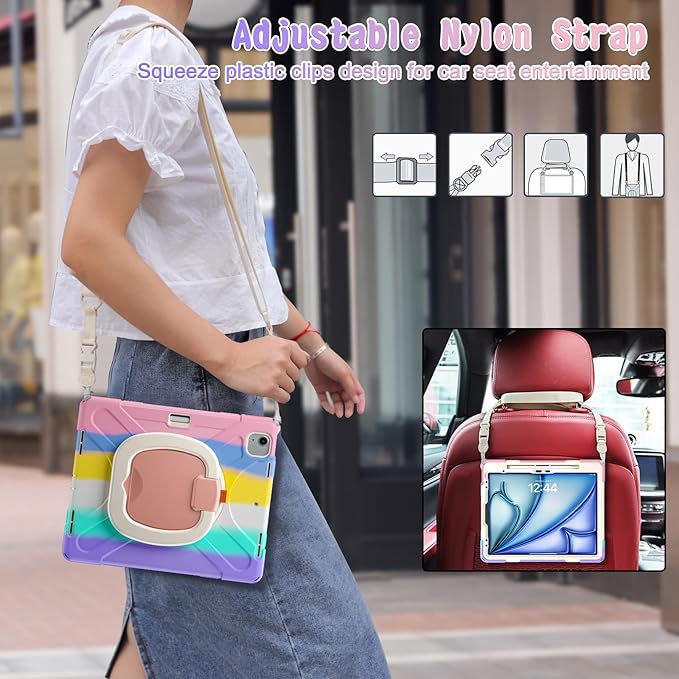 MEEgoodo Case for iPad Air 13 inch 2025 (M3) /2024 (M2) &amp iPad Pro 12.9 Case 6th/5th/4th/3rd Generation 2022 2021 2020 2018Tablet Cover with Pencil Holder/Rotating Stand/Shoulder StrapColourful