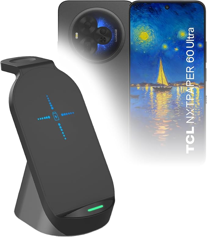 BoxWave Charger Compatible with TCL NxtPaper 60 Ultra - Compact Wireless MultiCharge Stand (10W) Wireless Qi Stand Charger Watch Earbuds - Jet Black