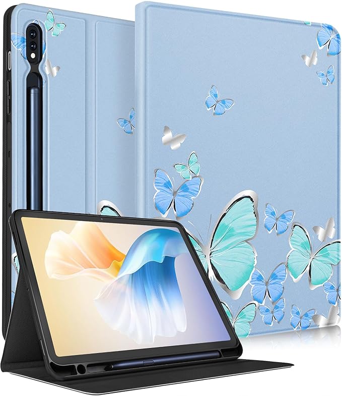 for Samsung Galaxy Tab S9 Plus Case 12.4 Inch 2023 Folio Cover with Pencil Holder Cute Pretty Design Girly Kawaii Blue Butterfly Tablet Case