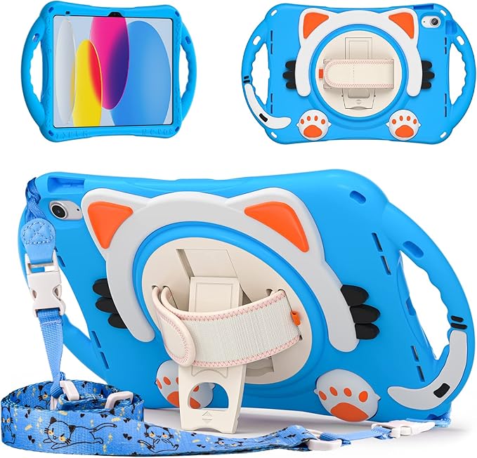 iPad 11 inch 11th Generation Case for Kids Dteck Heavy Duty Rugged Protection Kid-Friendly Handle Stand Shoulder Strap Cute Cat Case for Apple iPad 10th Generation 10.9 inch 2022 Lightblue