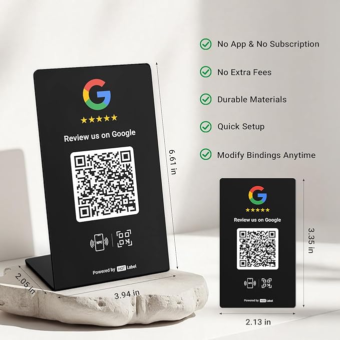 HotLabel – Google Review Stand 3-Pack + Bonus Google Review Tap Card 3-Pack – Black – NFC Tap &amp QR Code – Supports 6 Different Stores or Same – All Phones Compatible – No App/Subscription