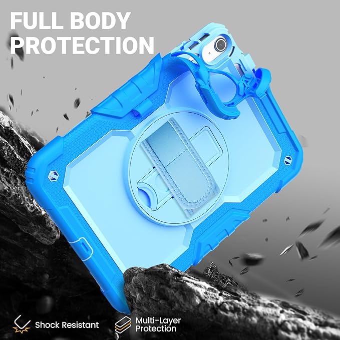 Kids Case for iPad (A16) 11th/10th Generation 11''/10.9'' 2025/2022: Shockproof Protective Case with Hand/Shoulder Strap Pencil Holder Rotate Stand Screen Protector