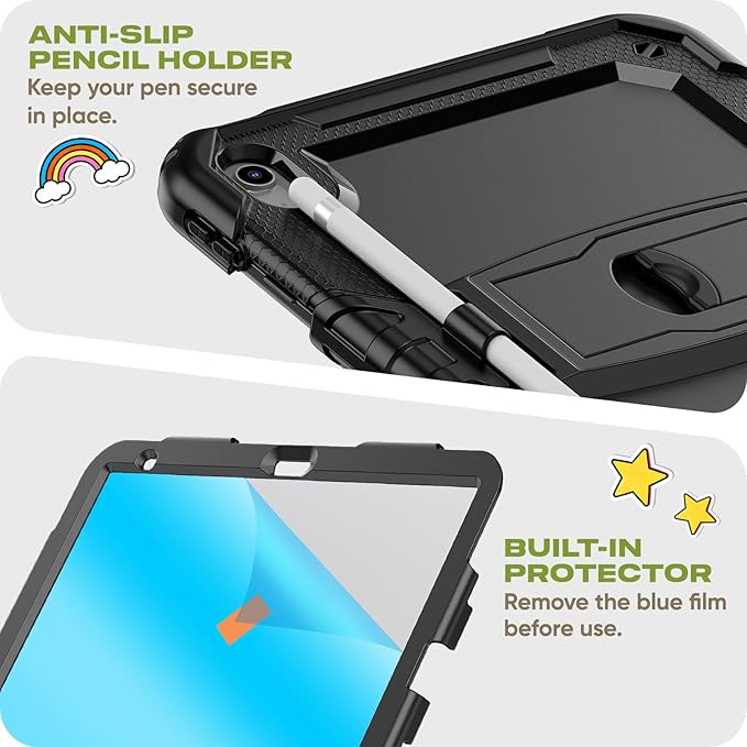 HXCASEAC Kids Case for iPad 9th/8th/7th Generation Full Body Protective Design | Foldable Stand | Screen Protector | Pencil Holder Durable for iPad 9th Gen / 8th Gen 10.2 inch Black