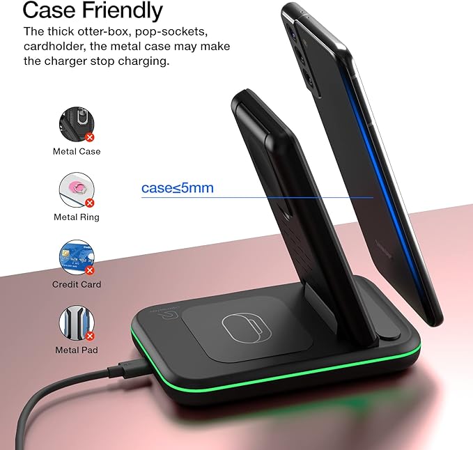 Wireless Charger for Samsung/Android HOLYJOY Foldable 3 in 1 Fast Charging Station/Stand/Multi Charger for Samsung S25 Ultra/S24/Note 20 Travel Pad for Galaxy Watch 8/7/6/5/Active 2 For Buds(Black)