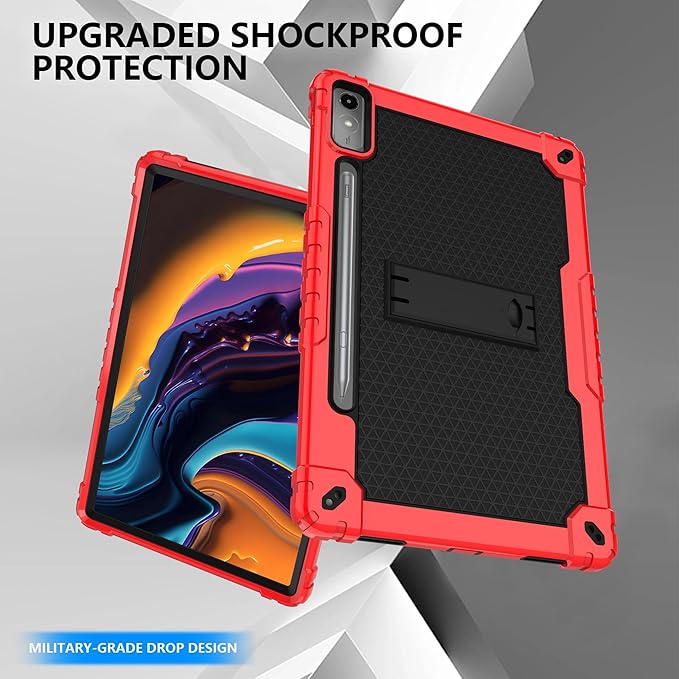 Shockproof Hybrid Kids Case for Lenovo Tab P12 12.7 Inches Tablet With Screen Protector Compatible With Xiaoxin Pad Pro 12.7 TB370FU/TB371FC (Red/Black/1 PC)
