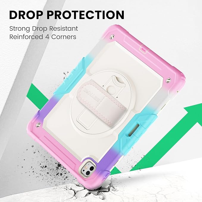 SEYMAC Case for iPad Pro 13 Inch M5 2025 / M4 2024 Heavy Duty Shockproof Protective Case with Screen Protector 360° Rotating Stand Hand/Shoulder Strap and Pen Holder Colorful/Pink