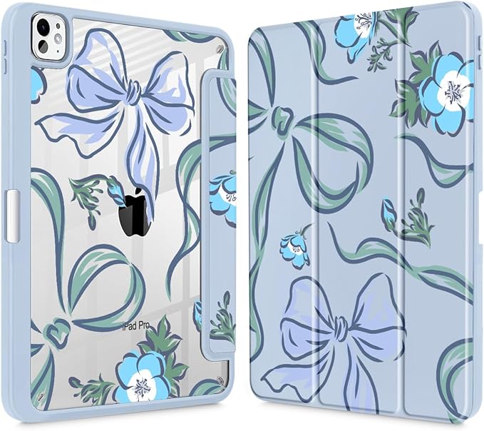 Mektron Case for M5/ M4 iPad Pro 11 inch 2025/2024 with Pencil Holder Compatible Models: A3357/A3358/A3359/A2836/A2837/A3006 Shockproof Cover Clear Shell Flowers-Bows-Blue