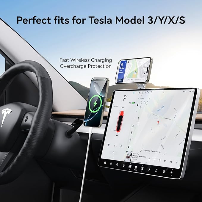 Laptop Phone Holder Magnetic Phone Stand 15W Fast Wireless Charger for MagSafe for iPhone 17/16/15/14/13/12 &amp All Phones for Tesla (Silver)