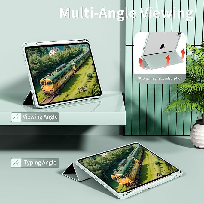 for iPad Pro 13 inch Case (M5/M4) 2025/2024 Slim Protective Cover with Apple Pencil Holder Soft TPU Back Cover for ipad pro 13 inch Trifold Stand Auto Wake/Sleep (Light Green)