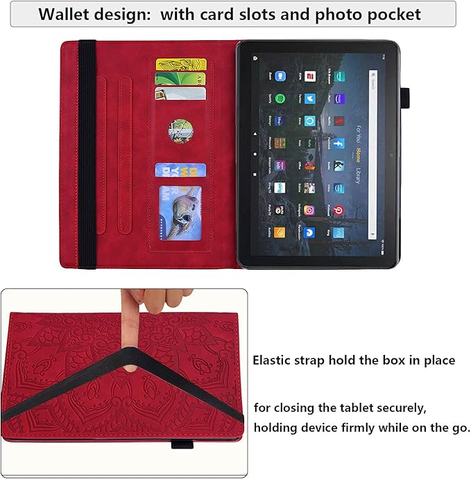 Case for Kindle Fire HD 10 &amp HD 10 Plus 10.1 inch (13th/11th Generation 2023/2021) Stand Embossed Flower PU Leather Magnetic Wallet Cover with Pencil Holder/Pockets [Auto Wake/Sleep] Red