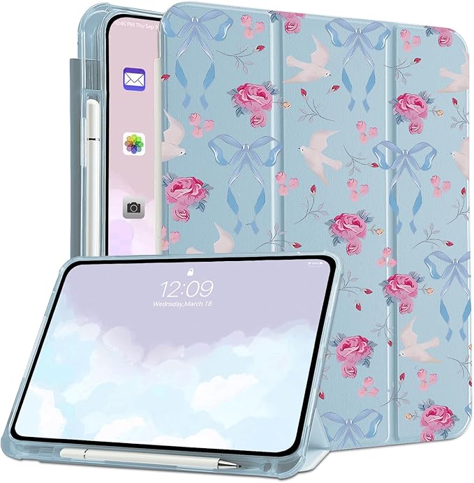 MAYCARICute Bow Floral Case for 10.9 Inch Ipad Air 4/Air 5 Kawaii Flowers Bowknot Cover for Ipad Cartoon Bird Animal Case(2020/2022) Shockproof Auto Sleep/Wake Cover with Pencil Holder Girls Women