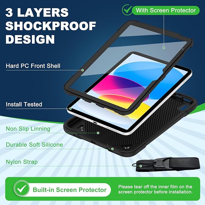 Case for iPad (A16) 11th Generation 11 Inch 2025/iPad 10th Generation 10.9 Inch 2022 with Built-in Screen Protector 360°Rotating StandShoulder Strap Full Body Heavy Duty Protective Cover (Black)