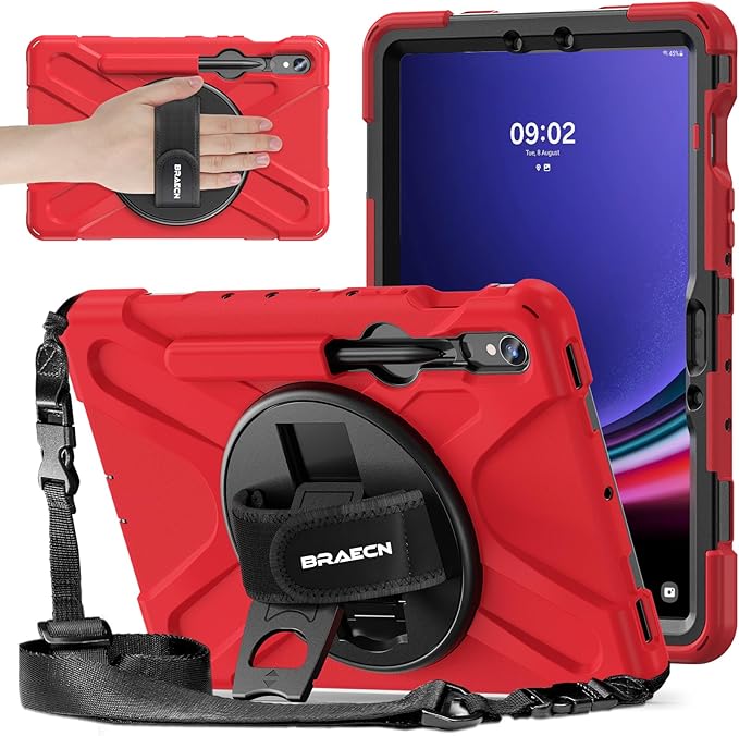 BRAECNstock for Samsung Galaxy Tab S10 Lite/ S10 FE/ S9 FE/ S9/ S8/ S7 5G Case 10.9/ 11 Shockproof Protective Kids Case with Pencil Holder Rotating Hand Strap &amp Stand Shoulder Strap Red