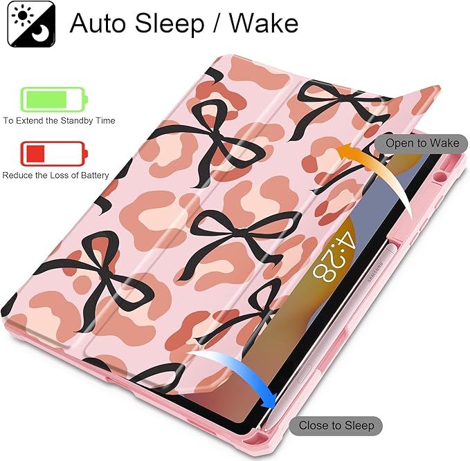 Mektron Case for Samsung Galaxy Tab S6 Lite 10.4 Inch 2024/2022/2020 with S Pen Holder Multi-Angle Viewing with Shockproof Cover Clear Shell + Trifold Stand + Auto Wake/Sleep Leopard Bows