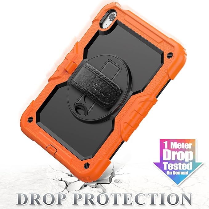 SEYMAC stock Case for iPad (A16) 11th/10th Generation 11''/10.9'' 2025/2022 Full-Body Drop Protection Case with Screen Protector &amp360° Rotate Hand Strap/Stand Black+Orange