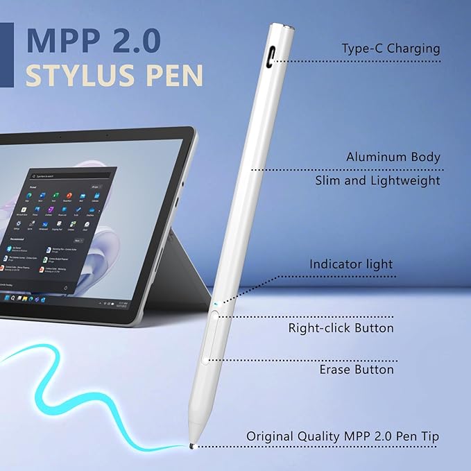 Rechargeable MPP 2.0 Tilt Pen for HP 2-in-1 Touchscreen LaptopsGenuine Digital Stylus Pen for HP Envy X360/Pavilion X360/Spectre X360 with 4096 Pressure Sensitivity and Palm RejectionWhite