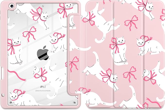 MEEgoodo Case for iPad 10.2 inchTablet Cases for iPad 9th Generation 2021/8th Gen 2020/7th Gen 2019 with Clear Acrylic Back Shell+Pencil Holder+Auto Wake/Sleep+Trifold StandCute White Cats &amp Bow