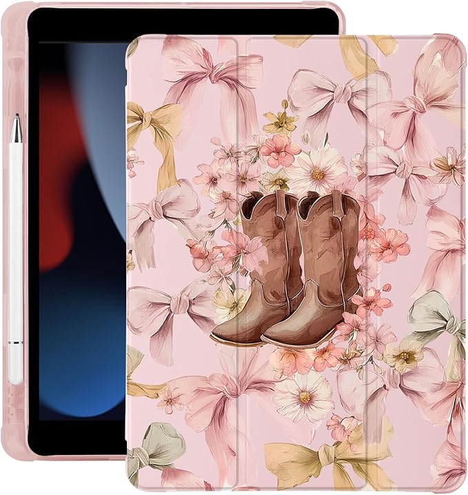 Cute Cowgirl Boots Bow for iPad Pro 12.9 Inch Case 5th/6th Generation 2022/2021/2020 with Pencil Holder Auto Sleep/Wake Pink Leather Soft TPU Back Cover