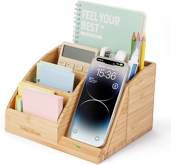 Bamboo Pen Holder for Desk &amp Nightstand Organizer with Fast Wireless Charging for iPhone Samsung &amp More – Office Desk Accessories for Men/Women (Natural)