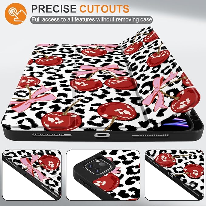 MEEgoodo for iPad Pro 12.9 Case M2 6th/5th/4th/3rd Generation 2022 2021 2020 2018 with Pencil Holder Tablet Cover with Soft TPU Back Shell Leopard &amp Cherry