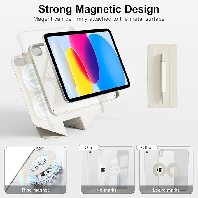 for iPad A16 Case 11th Generation 11 Inch 2025 for iPad 10th Generation Case 10.9 Inch 2022 with Pencil Holder Folio Stand Cover Clear Back Magnetic Attachment Multi Angles Cream White