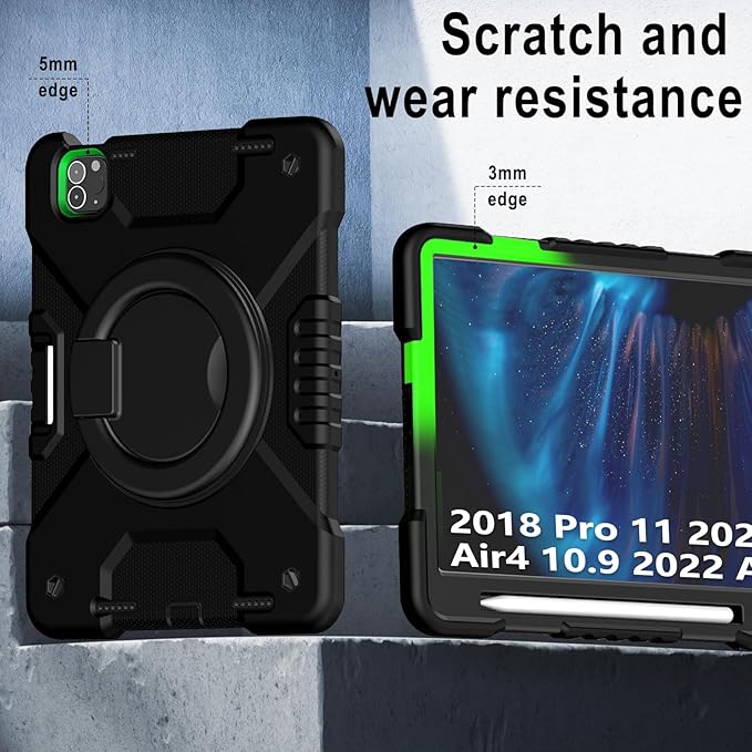 SCSVPN Case for iPad Air 5th/4th Generation 10.9'' iPad Pro 11 Inch Case Kids 4th/3rd/2nd/1st Gen 2022 2021 2020 2018 w/Pencil Holder-Stand-Handle-Shoulder Strap Shockproof Protective Cover Black