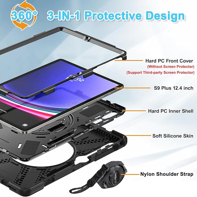 BRAECNstock for Samsung Galaxy Tab S10+ Plus/ S9 FE+ Plus/ S9+ Plus/ S8+ Plus/ S7 FE/ S7+ Plus 5G Tablet Case 12.4 inch Shockproof Protective Case with Pen Holder Rotating Stand &amp Hand Strap - Bla