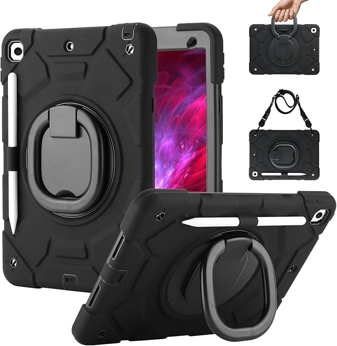 for iPad 9th/8th/7th Generation Case(2021/2020/2019)360°Rotating Handle Stand with[ Pencil Holder&ampShoulder Strap] Heavy Duty Shockproof Kids Cover for iPad 10.2 inch (Black)