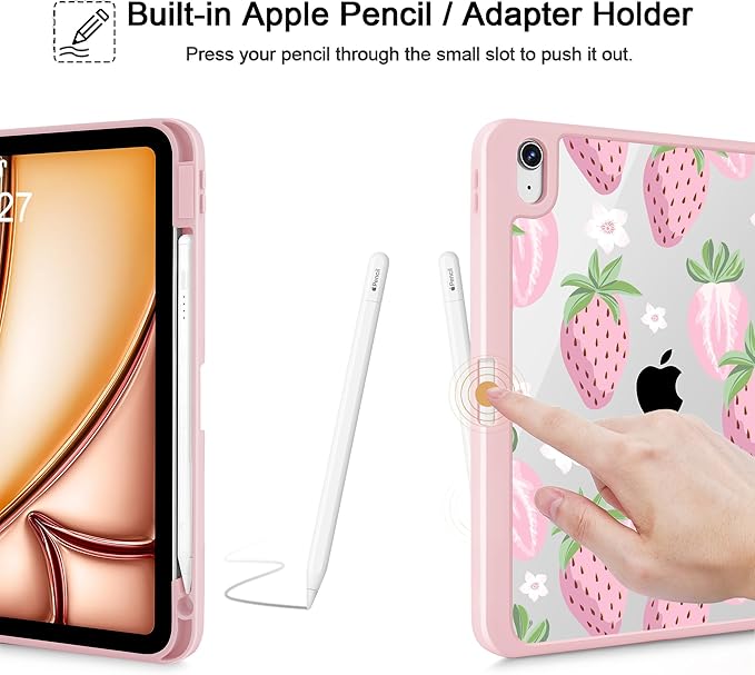 May Chen Case for iPad Air 13 Inch M4 2026 M3 2025 M2 2024 [Built-in Pencil Holder] Shockproof Cover with Clear Transparent Back Shell Auto Sleep/Wake Cover Strawberries