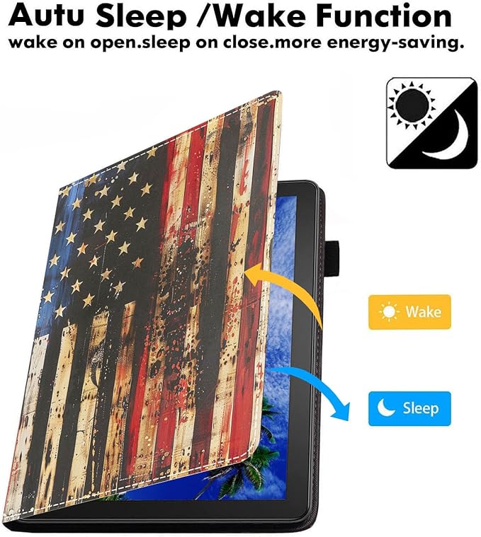 Case for Amazon Kindle Fire 7 Tablet (7 9th/7th Generation 2019/2017 Release) Slim PU Leather Cover with Card Slot &amp Auto Wake/Sleep Retro Wooden American Flag