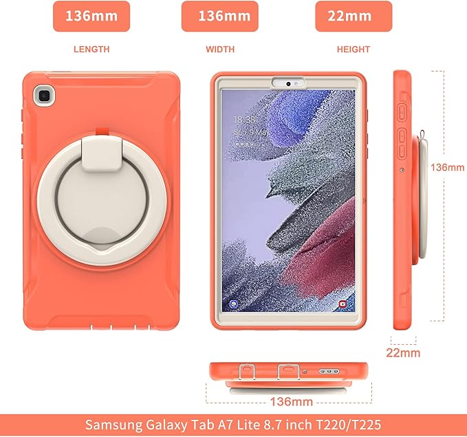 Shockproof Case for Samsung Galaxy Tab A7 Lite 8.7 Tablet Techcircle Rotating Stand Handle Heavy Duty Bumper Hybrid Cover Protective Case for Galaxy Tab A7 Lite (2021) SM-T220/T225 Coral Orange