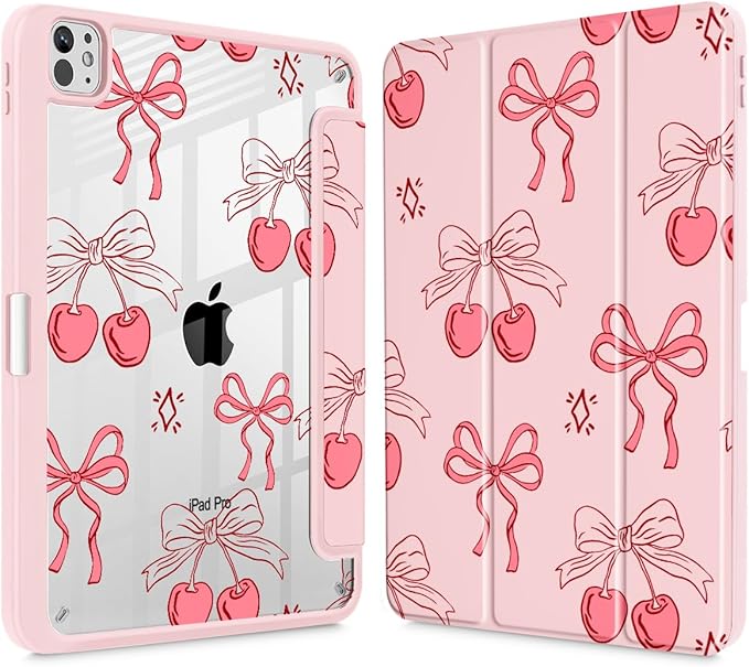 May Chen Case for iPad Pro 11-Inch M5/M4 2025/2024 (6th/5th Generation) [Penceil Holder] Trifold Stand Auto Wake/Sleep Clear TPU Protection Back Cover Coquette Cherry Bow