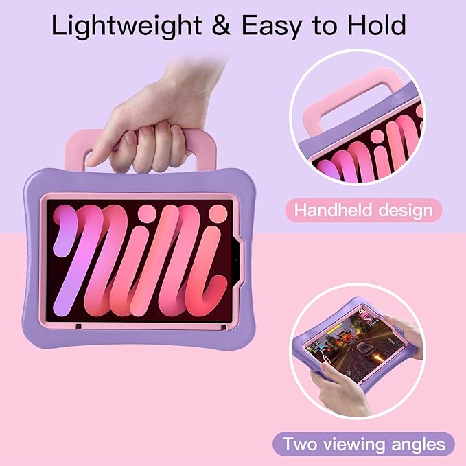 Kids Case for iPad Mini 7 (A17 Pro) 2024 /iPad Mini6 2021 Light Weight Heavy Duty/Shockproof/Drop Proof with Handle/Kickstand Child Friendly Cover for iPad Mini 7th/6th Gen 8.3inch (Purple Pink)